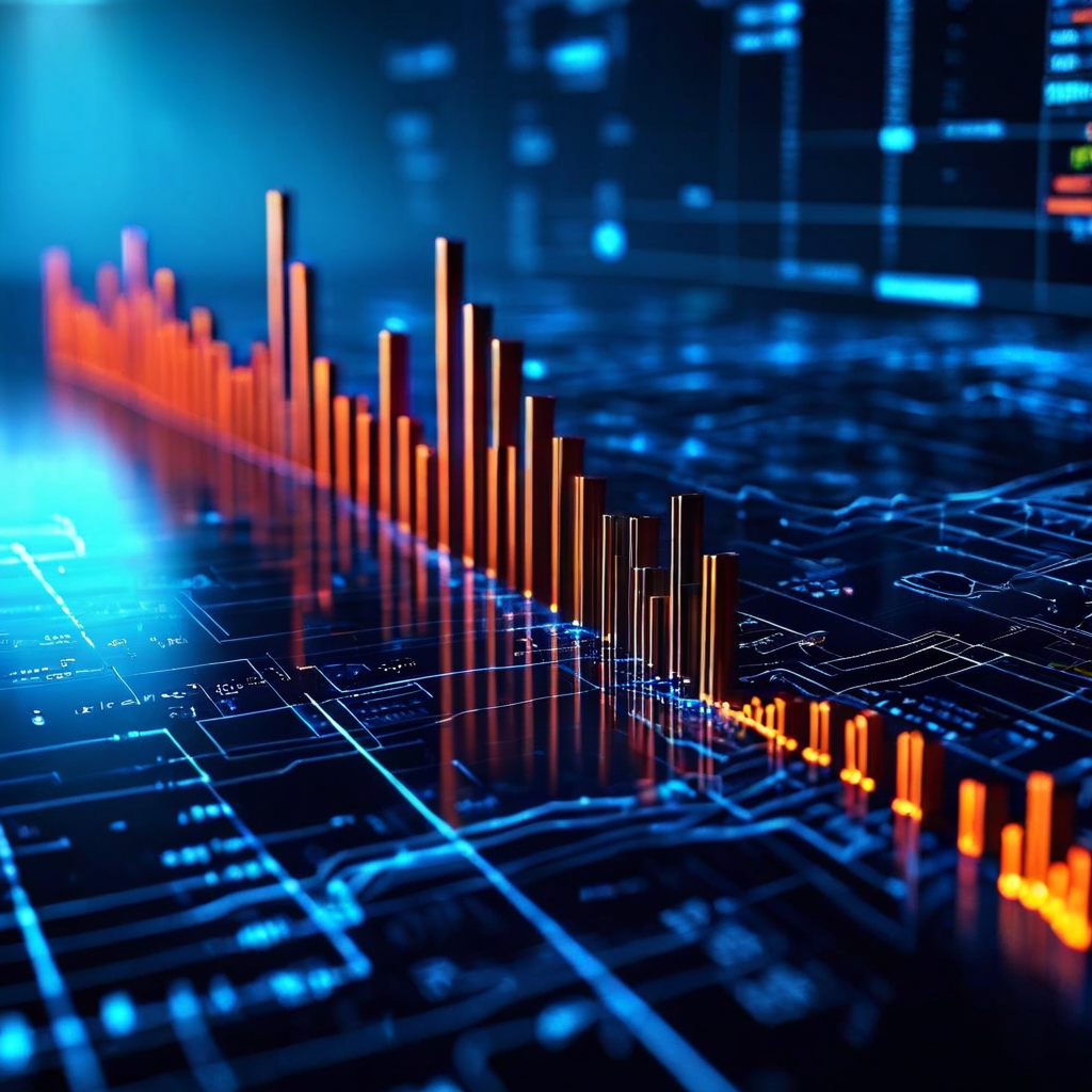 어두운 배경 위로 여러 갈래의 빛나는 데이터 곡선이 상승하는 미래적인 그래프 이미지.