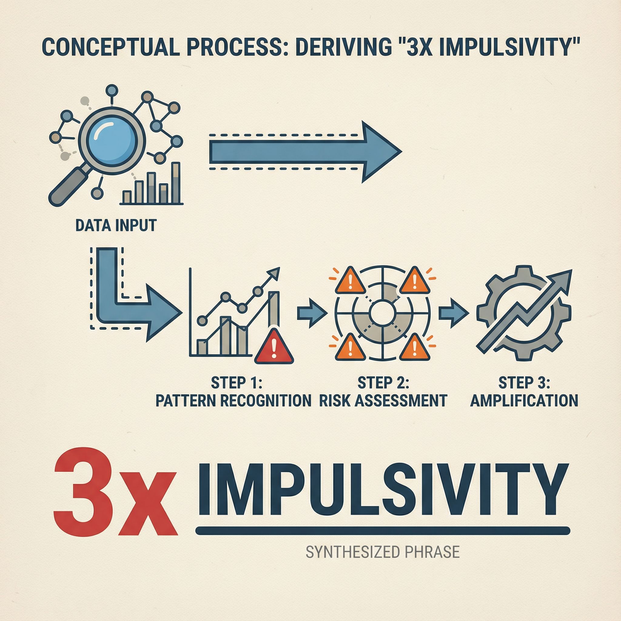중립 배경에 돋보기로 데이터 살피고 차트와 화살표, 경고 아이콘이 굵은 3x와 impulsivity