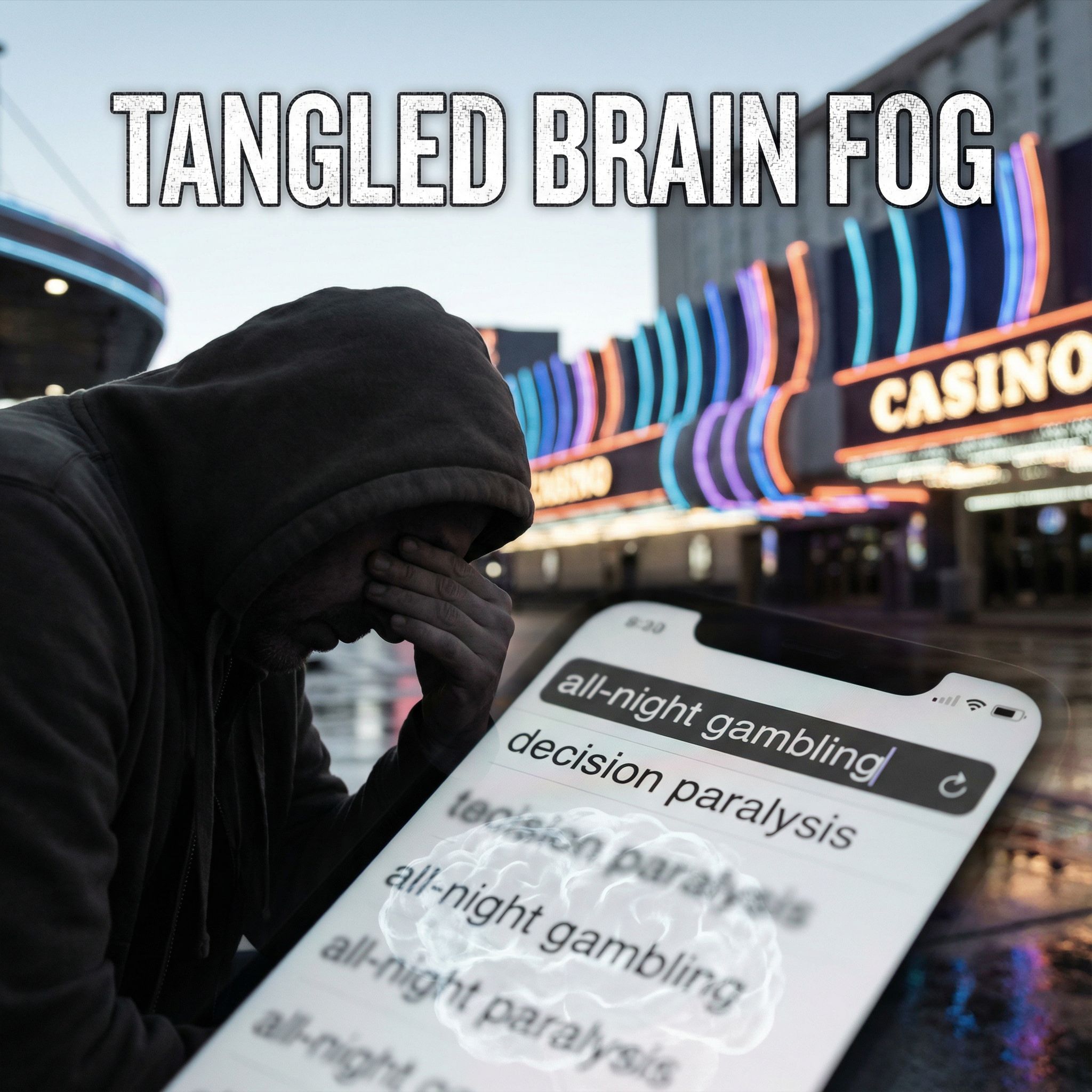 도시의 화려한 불빛을 배경으로 고개를 숙인 인물이 손으로 얼굴을 가린 채 스마트폰 화면을 바라보며 피로와 혼란이 뒤엉킨 심리 상태를 드러내는 장면