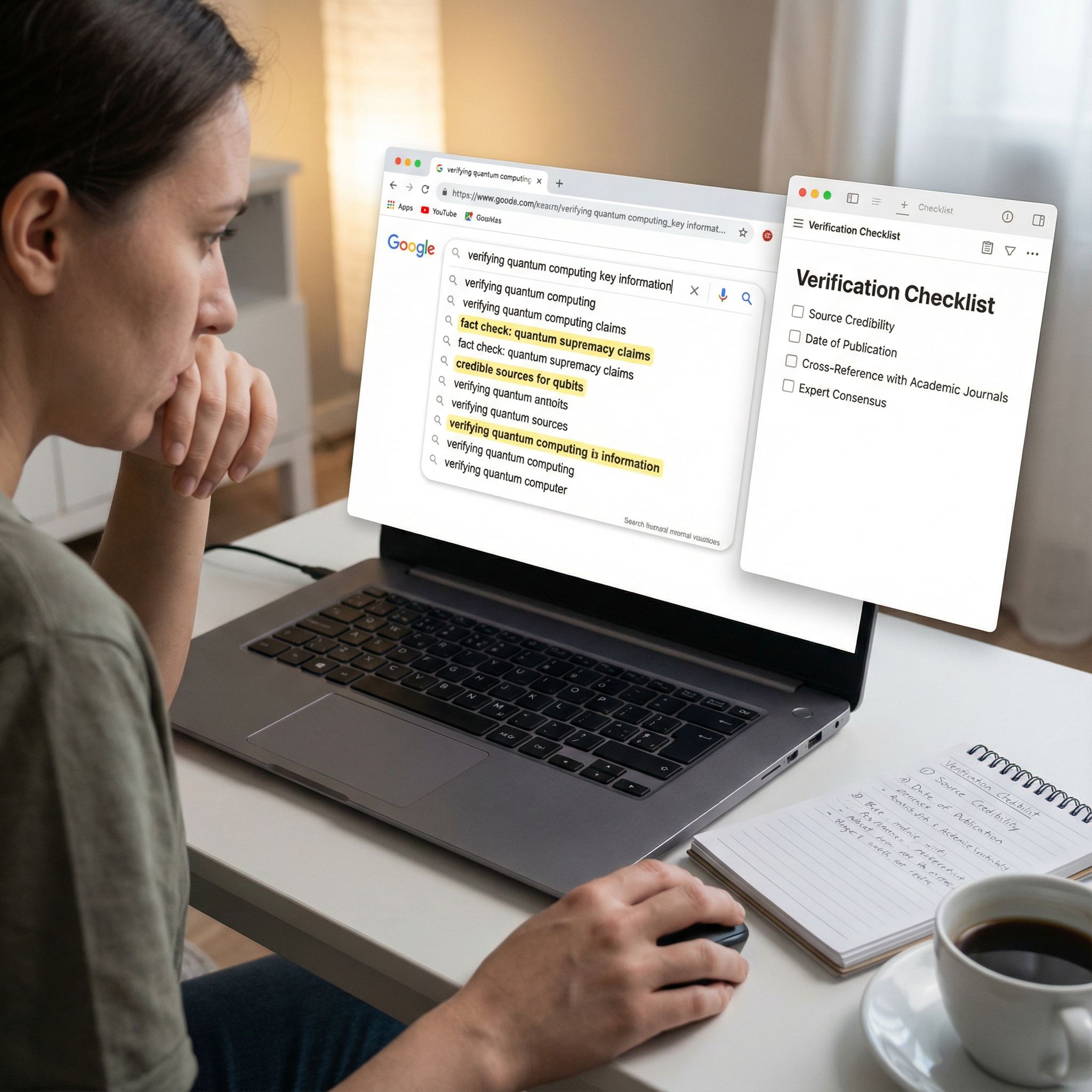 파란 화면의 검색창과 강조된 결과 옆 체크리스트로 정보 확인하는 모습이다