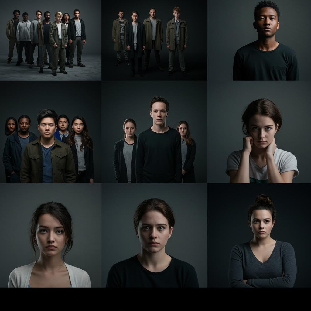 어두운 배경 속에서 여러 인물들의 정면 초상 사진이 배열되어 각기 다른 표정과 분위기가 강조된 인물 중심 장면이다