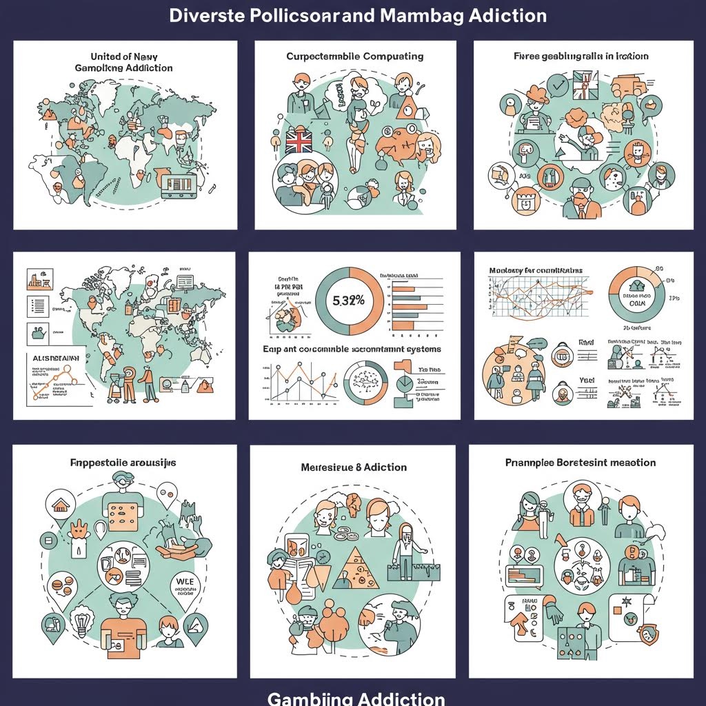여러 국가의 도박 중독 현황과 예방 정책을 도식화한 지도가 다양한 아이콘과 인물 일러스트로 구성되어 정보 흐름을 시각적으로 표현하는 모습