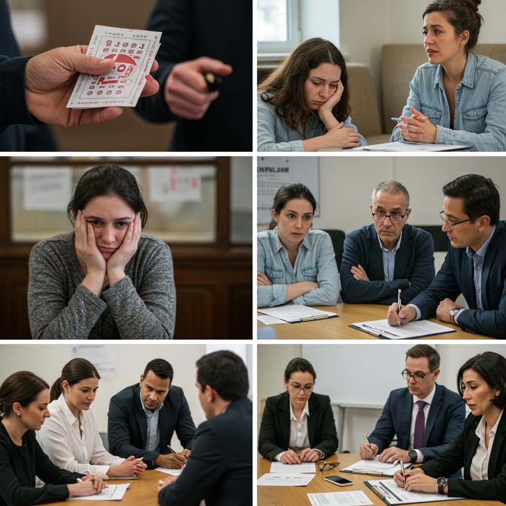 회의실에서 여러 사람이 진지한 표정으로 상담과 논의를 이어가며 한 여성의 어려운 상황을 함께 해결하려는 흐름이 담긴 장면이 보여지는 모습