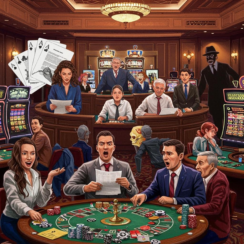 카지노 내부에서 여러 사람이 테이블 게임과 슬롯머신을 즐기며 놀람과 환호의 표정을 짓고 있는 붐비는 실내 장면이다