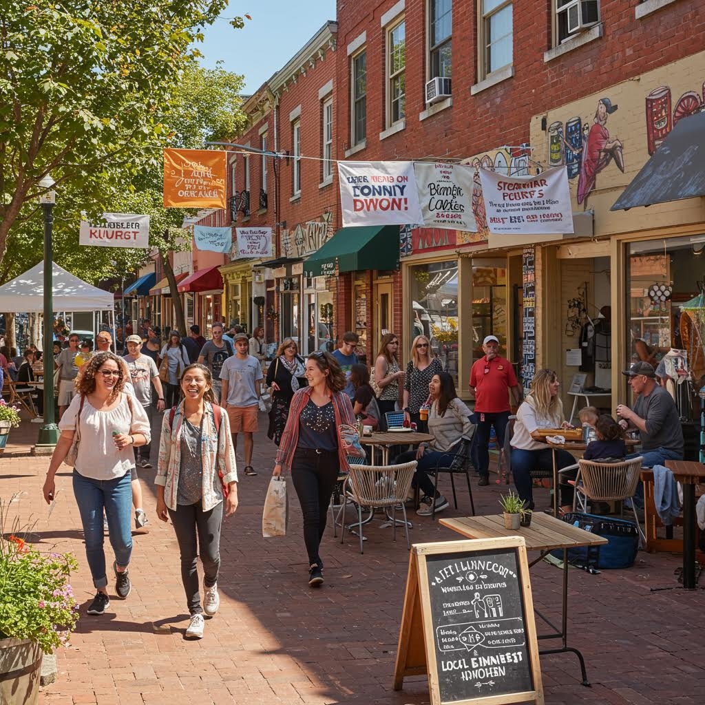 카페와 상점들이 늘어선 거리에서 다양한 사람들이 걸으며 대화를 나누고 야외 테이블에서 여유로운 시간을 보내는 활기찬 장면이다