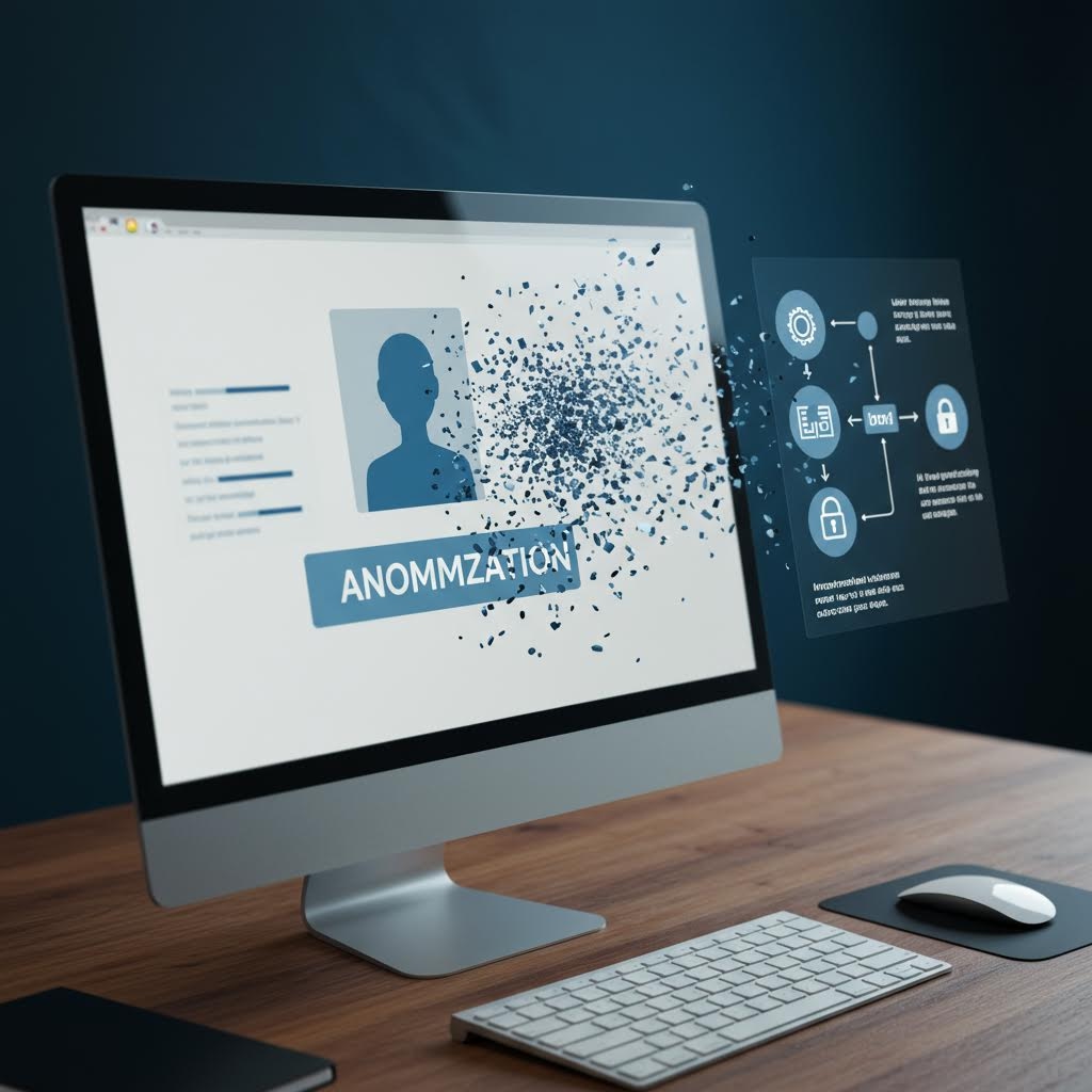 컴퓨터 화면에서 한 인물의 정보가 작은 조각으로 흩어지며 익명화 과정을 시각적으로 보여주는 장면이다