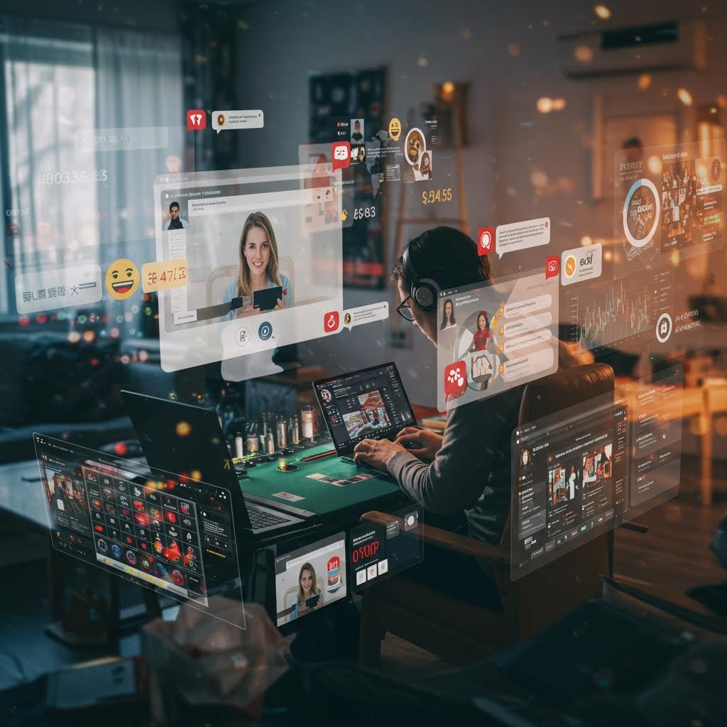 책상 앞에 앉은 사람이 모니터와 홀로그램 화면 속 다양한 게임과 채팅 인터페이스를 동시에 조작하는 디지털 작업 공간 장면이다