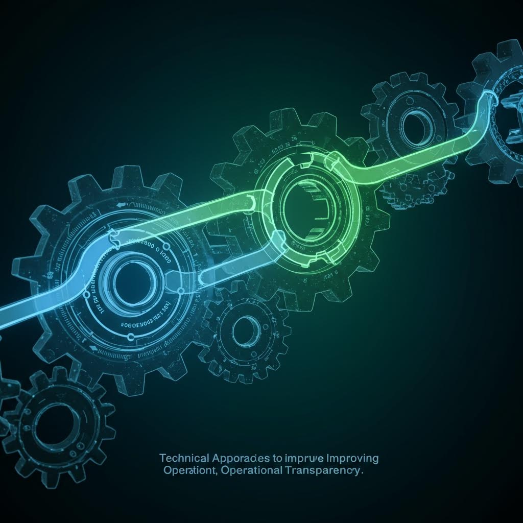 빛으로 표현된 흐름이 투명한 기어 구조를 따라 이어지며 기술적 연결성을 시각화한 모습