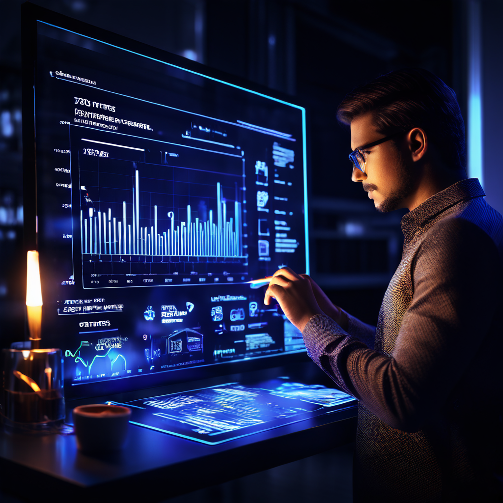 사용자가 첨단 기술 인터페이스를 통해 성능 데이터를 분석하며, 빛나는 체크리스트로 핵심 기술 점검 항목을 확인하는 모습을 보여주는 이미지.