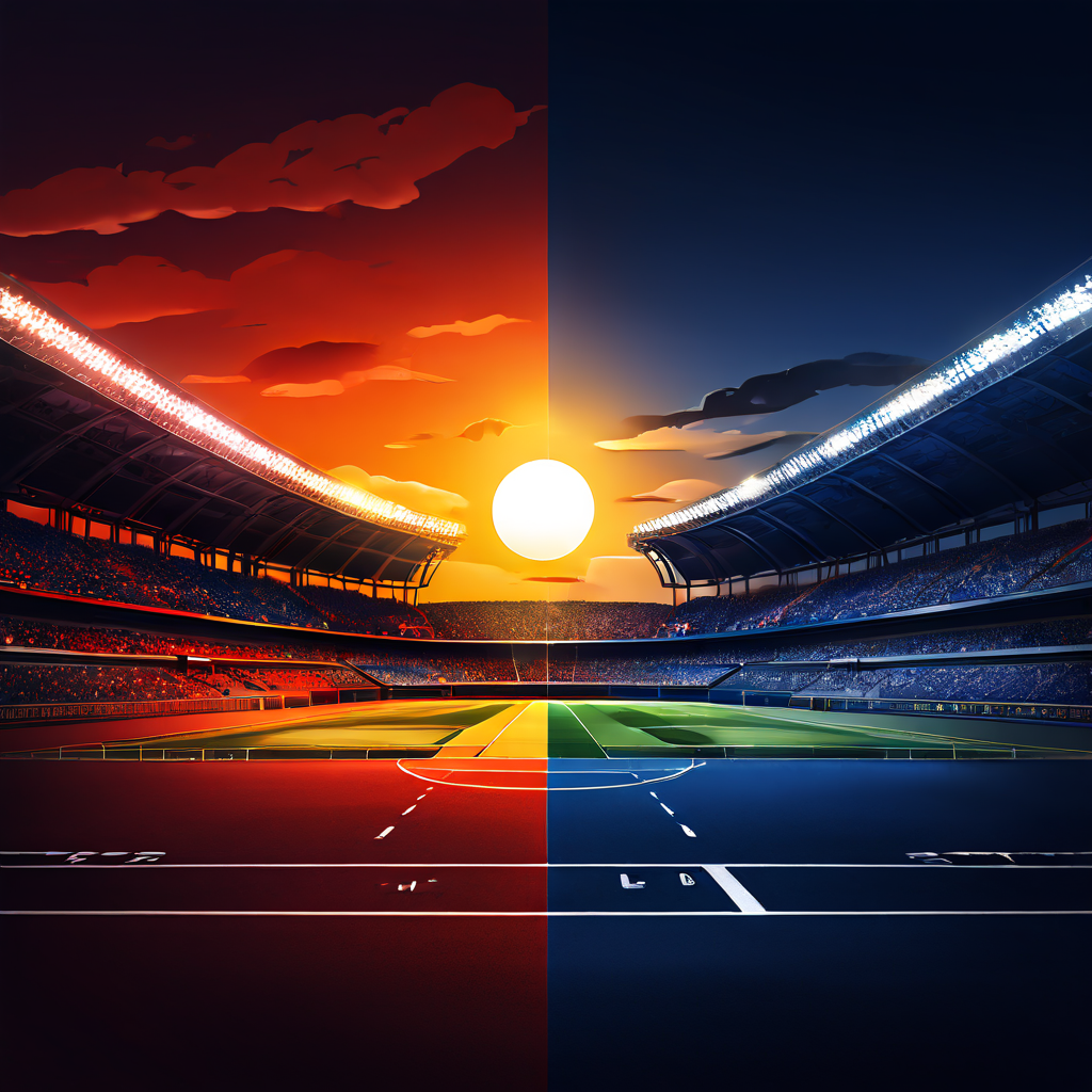 주간 경기와 야간 경기 등 시간대에 따라 달라지는 운동 선수의 경기력 편차와 컨디션 변화를 시각적으로 비교하여 설명하는 그림.