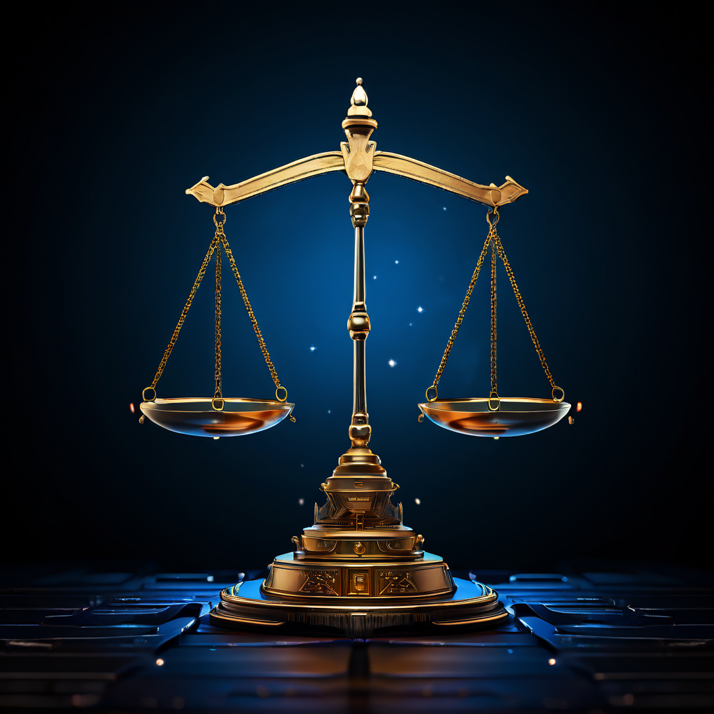 디지털 플랫폼 위에서 수평을 이룬 정의의 저울을 통해 테크 산업의 공정한 규제와 기울어지지 않은 운동장을 상징적으로 보여주는 이미지.