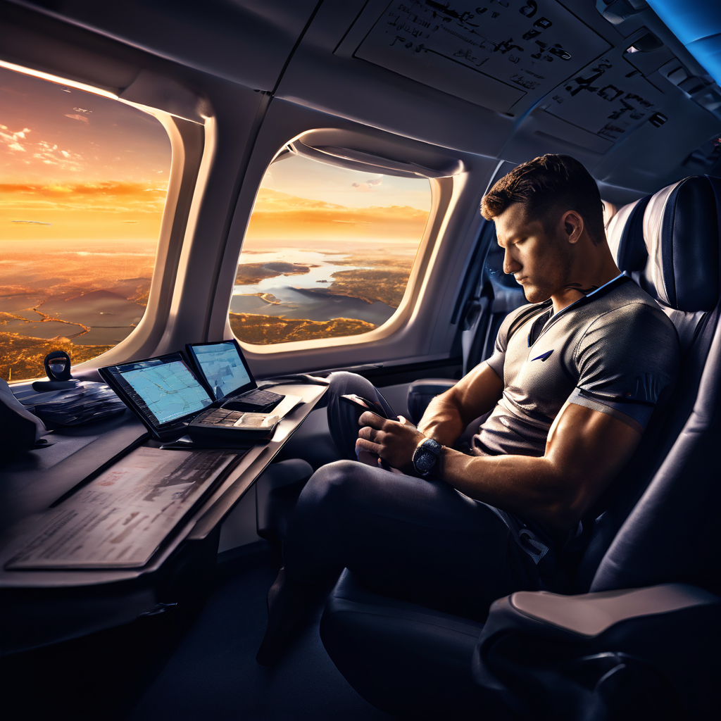 비행기에서 지친 선수와 세계 지도로 원정 경기의 숨은 어려움을 표현하는 이미지.