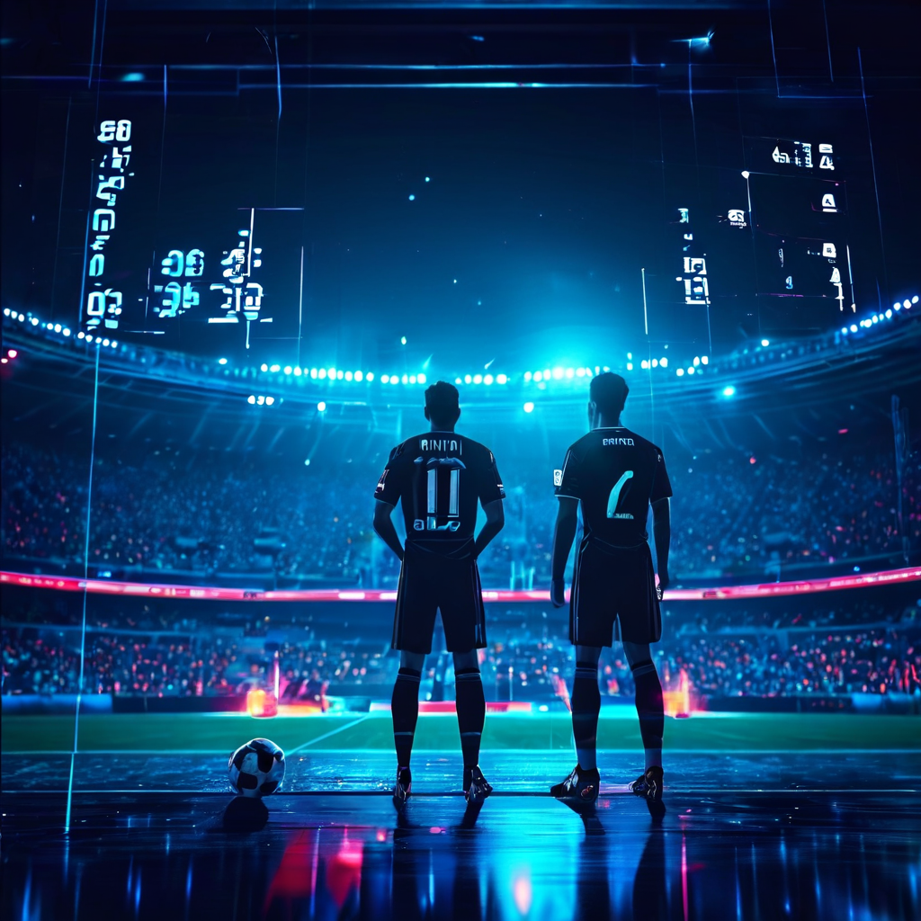 승부차기를 앞둔 선수와 골키퍼의 팽팽한 대치 상황을 홀로그램 통계로 보여주는 이미지.