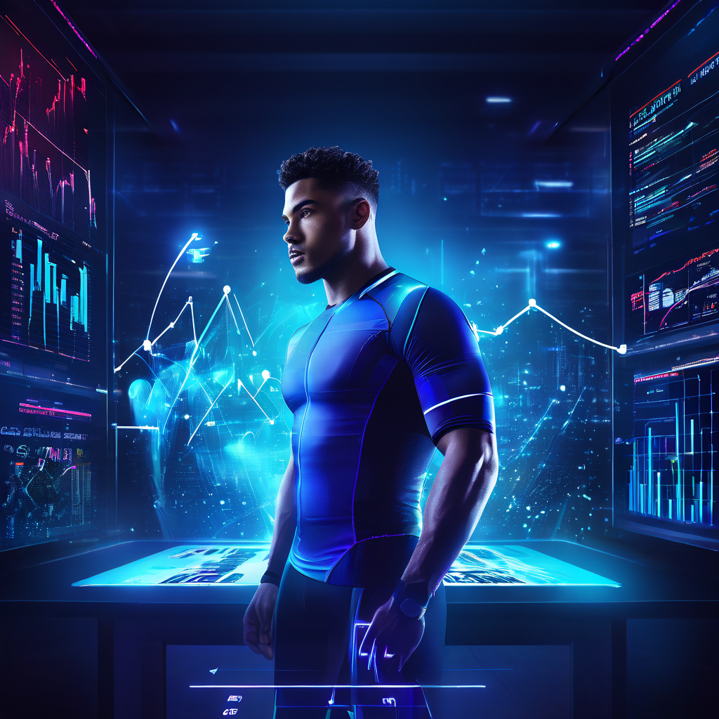 최고의 기량을 발휘하는 운동선수와 그의 경기력을 분석하는 홀로그램 데이터 및 통계 차트를 보여주는 이미지. 거대한 물음표는 선수의 성과 원천에 대한 깊이 있는 분석의 중요성을 상징합니다.