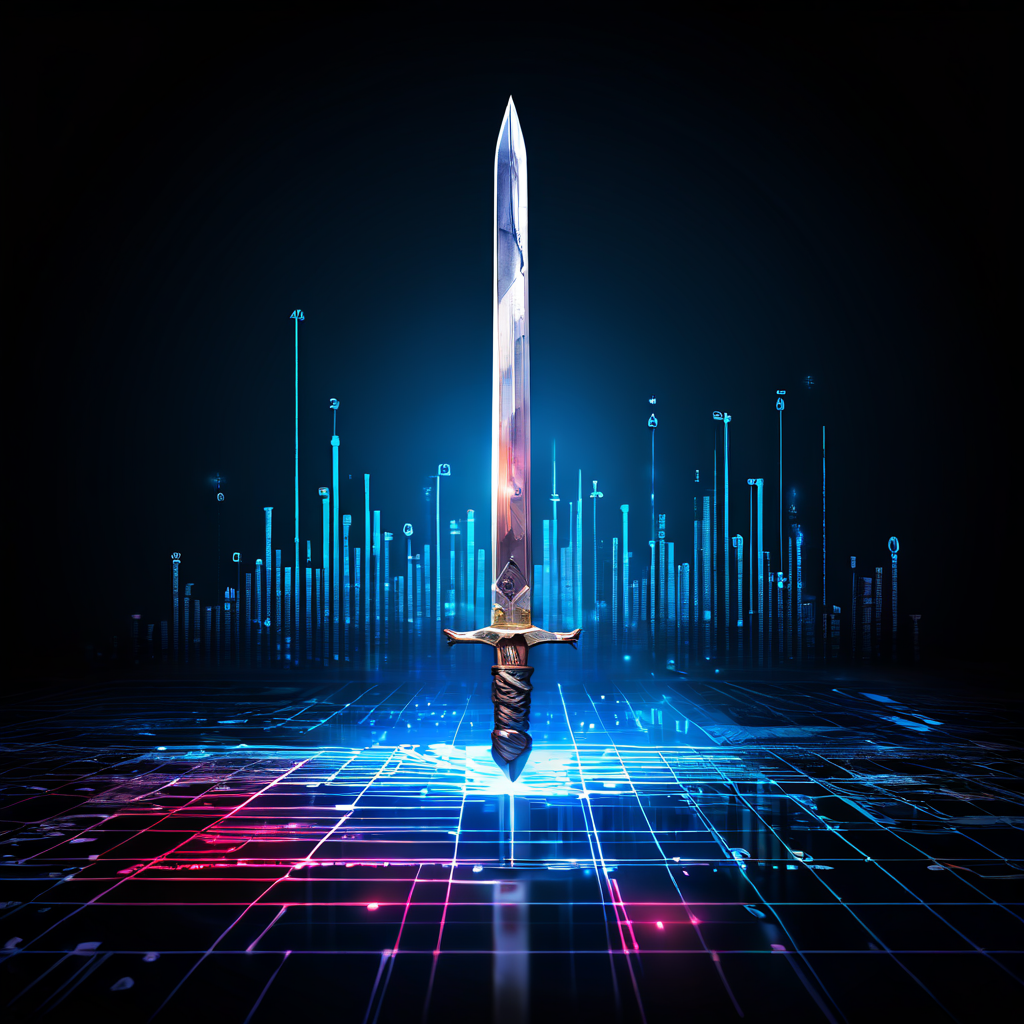 엑셀 스프레드시트로 벼려낸 날카로운 검 한 자루가 복잡한 데이터 차트와 빛나는 데이터 흐름을 배경으로 데이터 분석의 강력한 무기임을 상징적으로 보여주는 그림.