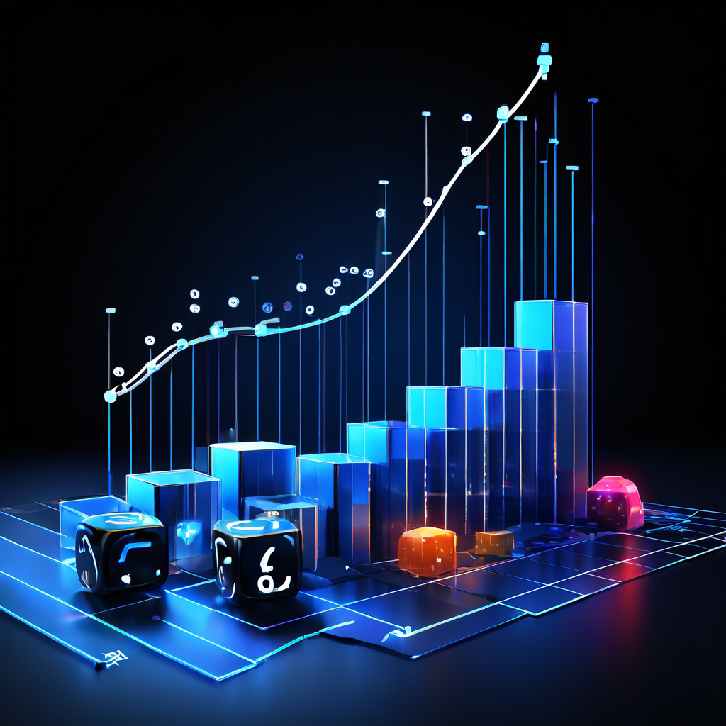 변동하는 승률과 기댓값 데이터를 분석하는 동적인 그래프 위에 주사위, 정규분포 곡선과 같은 확률적 상징을 겹쳐 표현한 분석적 시각 자료.
