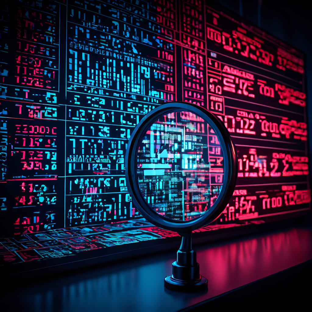 디지털 스포츠 베팅 배당률 전광판의 숫자에 오류가 발생한 상황에서, 돋보기가 배당률 책정 실패의 원인인 결함 있는 코드와 데이터 스트림을 분석하는 모습을 보여주는 이미지.