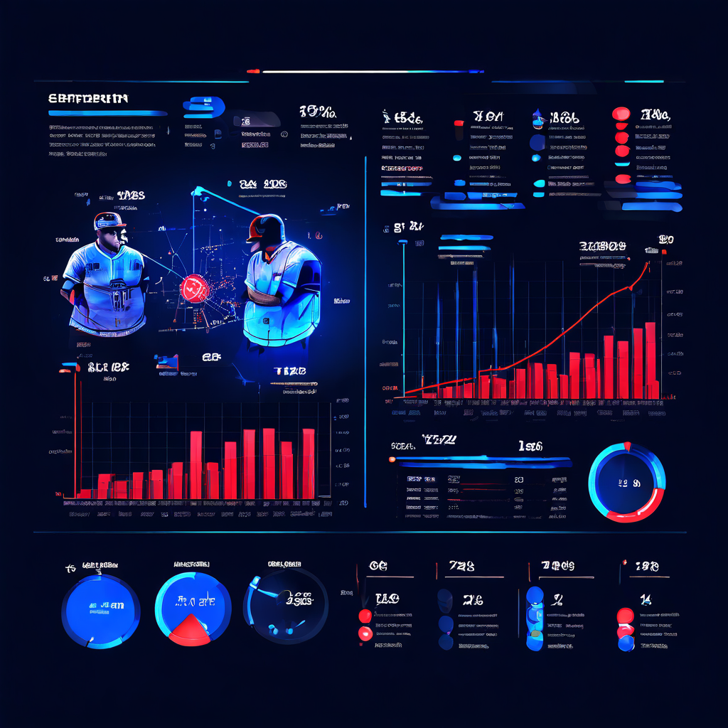 첨단 스포츠 데이터 분석 기술을 활용하여 야구팀 유형별 불펜 방어율 가중 모델을 통계적으로 비교 분석하고 그 결과를 미래형 인터페이스의 차트로 시각화하여 보여주는 이미지.