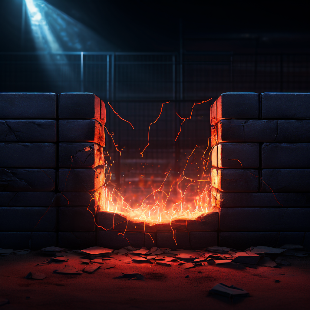 야구 불펜 벽에 생긴 빛나는 균열이 팀의 숨겨진 약점을 드러내는 모습을 보여주는 이미지. 이 균열은 치솟는 평균자책점 데이터로 표현되어 투수진의 위기를 암시합니다.