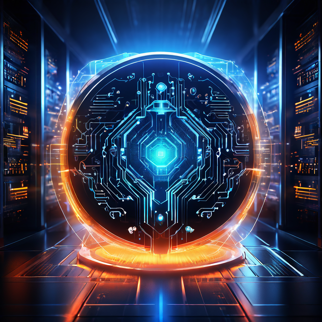 중앙의 디지털 허브로 유입되는 데이터를 강력한 보안 시스템이 처리하고, 빛나는 보호막이 시스템 무결성을 지키는 과정을 보여주는 이미지.