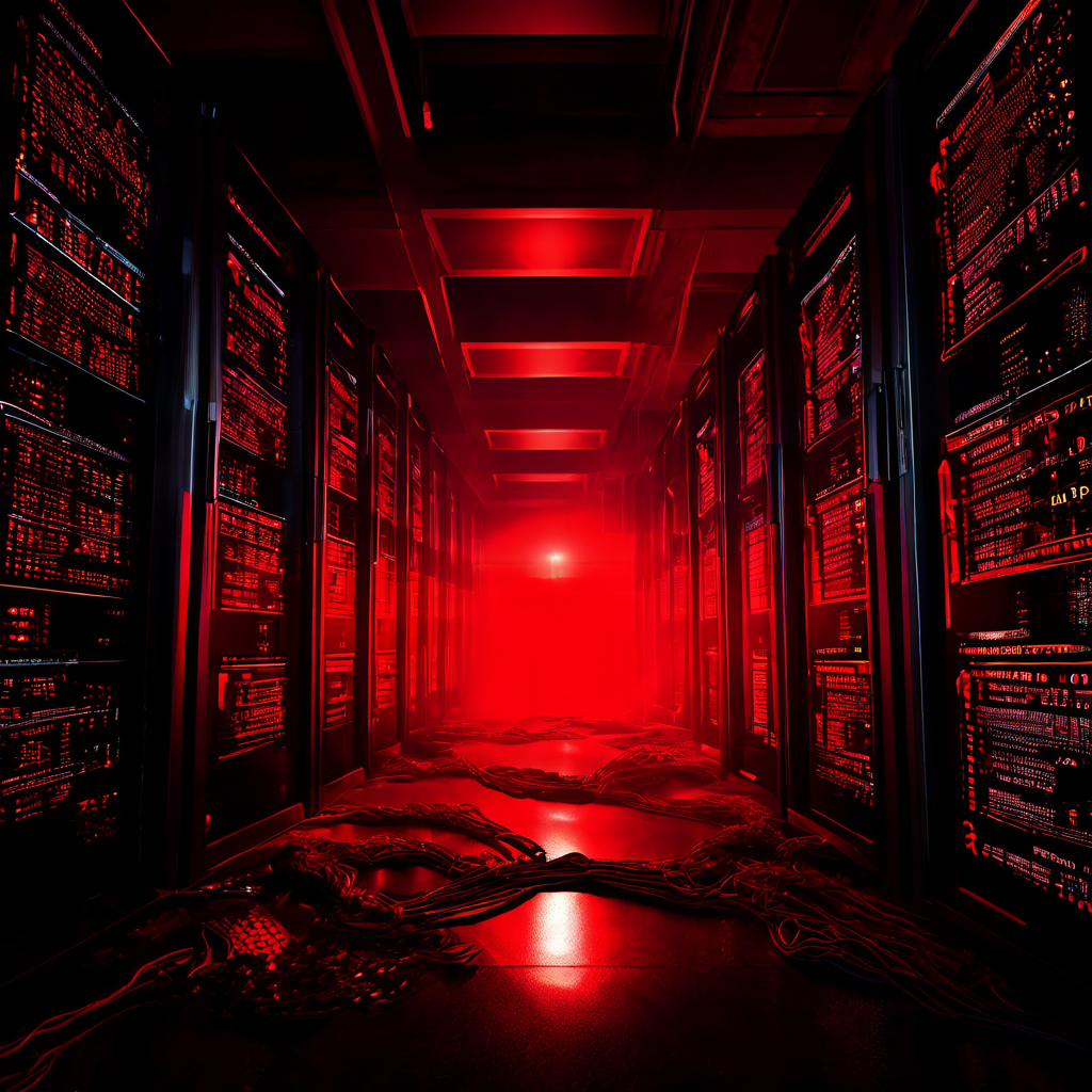 엄청난 양의 디지털 데이터가 서버로 한꺼번에 유입되어 시스템 안정성에 치명적인 위협을 초래하고, 붉은색 경고 알림이 발생하는 장면을 보여주는 이미지.