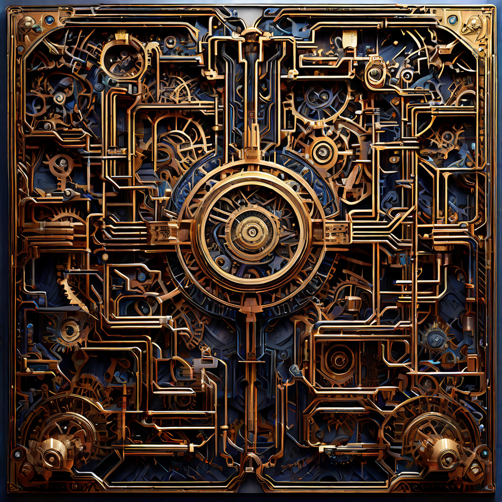 복잡하게 얽힌 톱니바퀴와 전자 회로가 거대한 건축적 미로를 이루며, 인간의 인지적 착각을 유도하는 기만적 시스템의 내부 구조를 보여주는 이미지.
