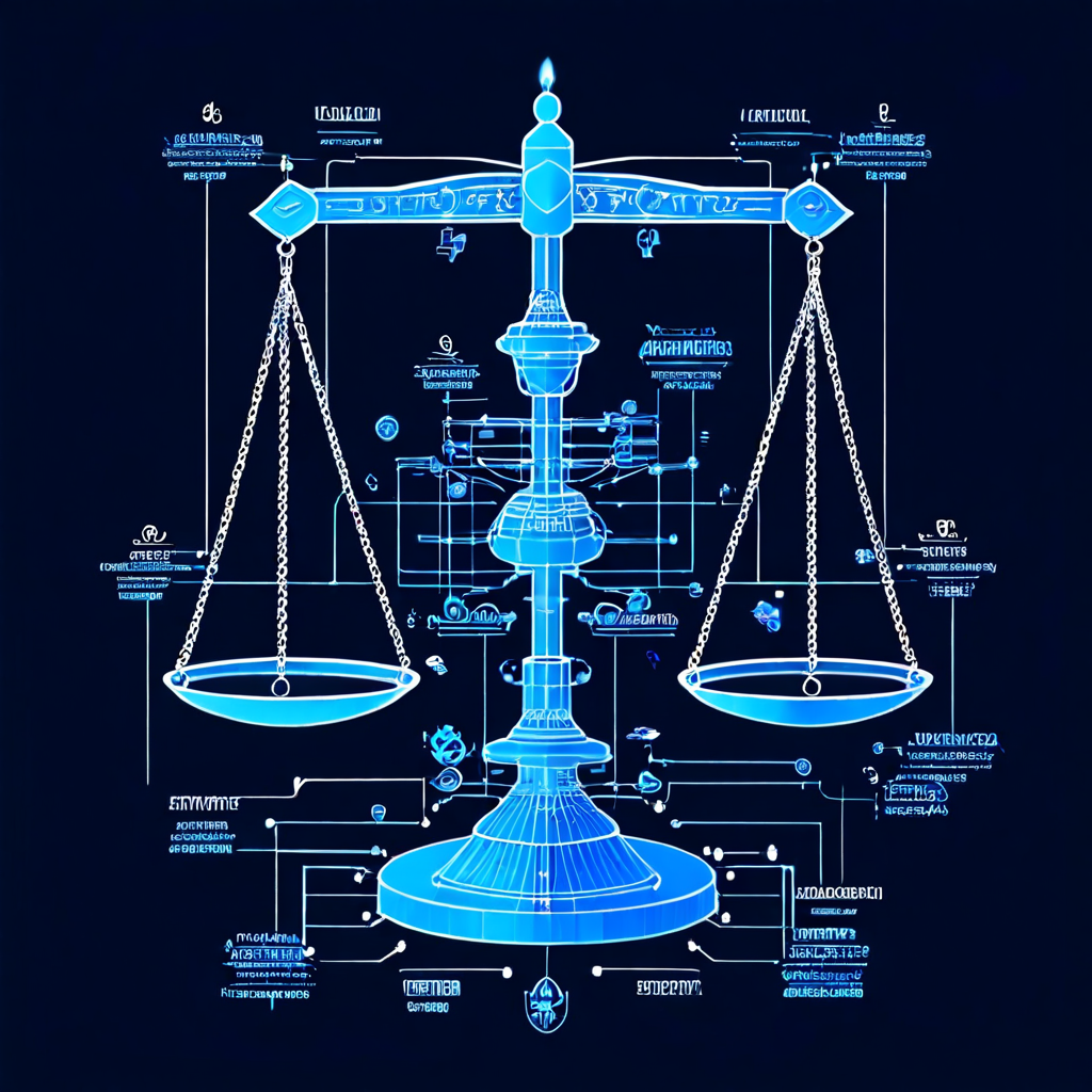 공정성 기준을 상징하는 정의의 저울이 핵심 요소로 통합된 멀티플라이어 시스템의 구조를 기술적인 청사진 형태로 보여주는 그림.