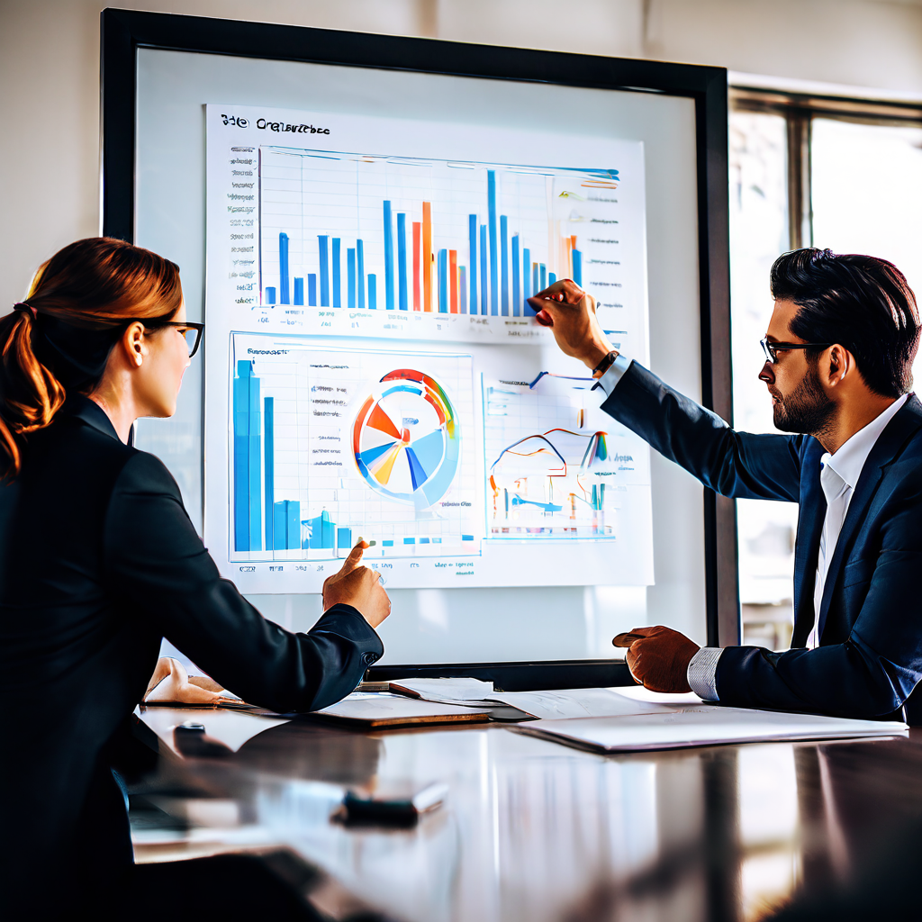 비즈니스 전문가들이 대형 스크린의 데이터 시각화 차트를 기반으로 화이트보드에 효과적인 마케팅 전략을 함께 수립하는 과정을 설명하는 전문적인 그림.