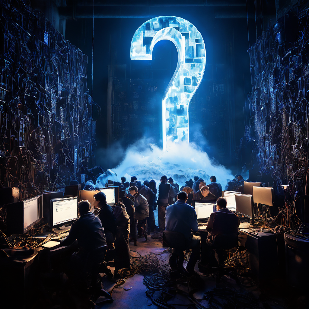 월말 회계 마감 중 서버 과부하로 전산 장애가 발생하자, 멈춘 컴퓨터를 보며 당황하는 직장인들과 기술적 문제의 불확실성을 나타내는 거대한 물음표를 함께 보여주는 이미지.