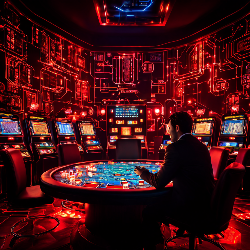 블랙잭 테이블에서 솟아오른 거대한 첨단 기술의 회로 장벽이 카드 카운팅 전략을 무력화시키고, 좌절한 플레이어를 게임에서 완전히 차단하는 모습을 보여주는 이미지.