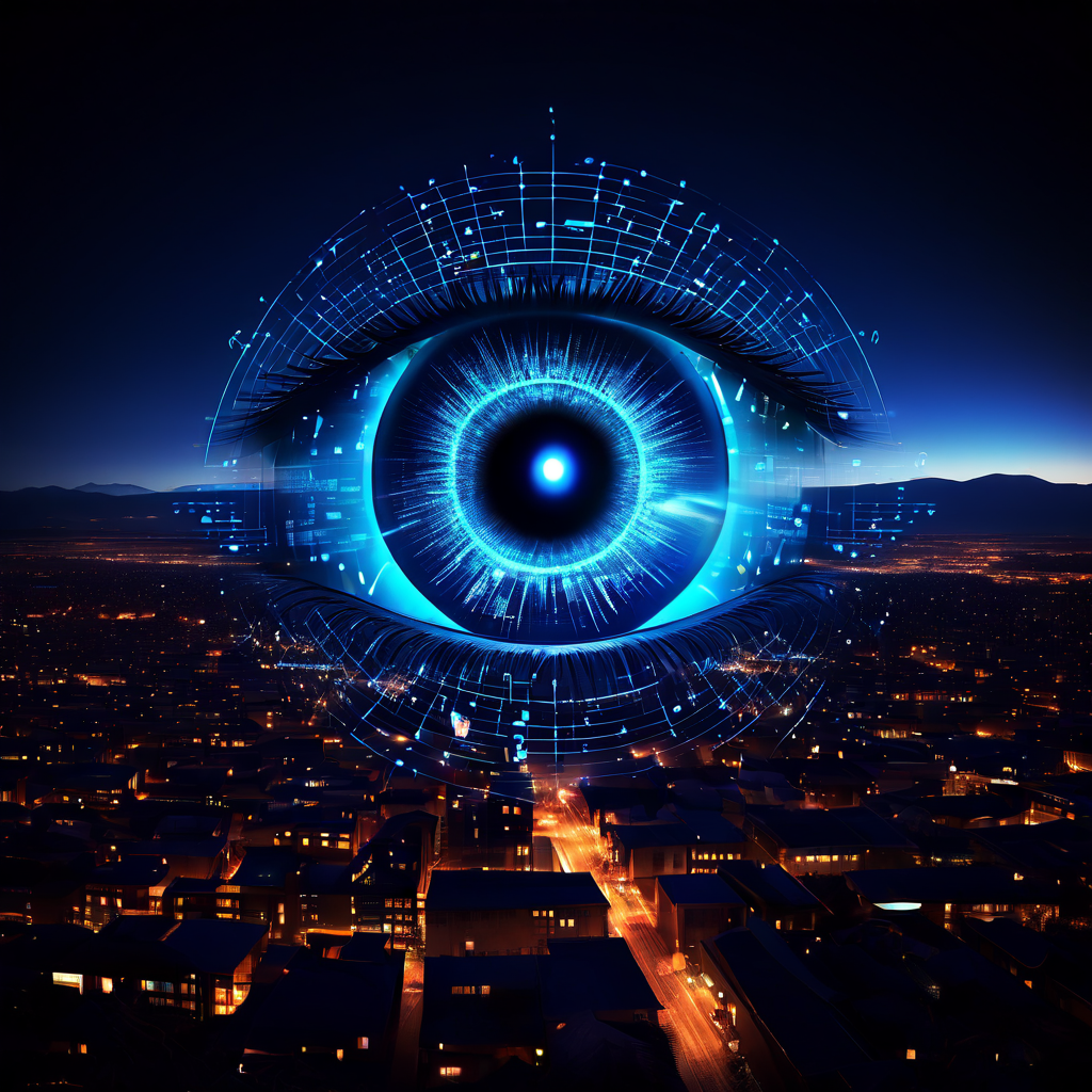 거대한 인공지능 눈이 빅데이터 스트림을 실시간으로 분석하며 보이지 않는 디지털 감시 네트워크를 통제하는 개념을 시각적으로 보여주는 이미지.