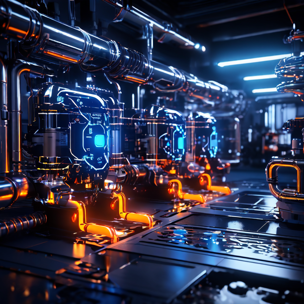 빛나는 회로를 가진 미래형 로봇 시스템이 파이프의 누수 지점을 자동으로 정밀하게 탐지하고, 첨단 기술을 이용해 완벽하게 밀봉하는 효율적인 누수 예방 공정을 설명하는 그림.