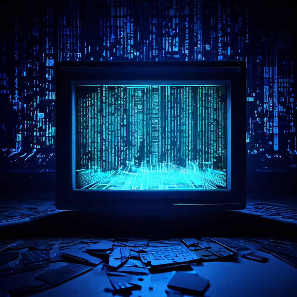컴퓨터 시스템 오류로 인한 화면 끊김과 글리치 현상 사이로 숨겨진 암호 메시지나 비정상적인 데이터 신호가 드러나는 모습을 상세히 보여주는 이미지.