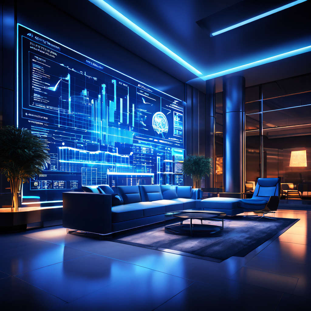 성공적인 맞춤화 전략을 위해 현대적인 로비 공간에 기술 설계도와 데이터 차트를 시각화하여 분석하는 과정을 보여주는 이미지