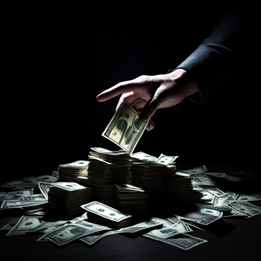 쌓여있는 운영 자금 더미 속에서 나온 그림자 손이 돈을 어둠 속으로 끌어당기며, 보이지 않는 내부 리스크로 인한 재무 손실의 위험성을 상징적으로 보여주는 이미지.