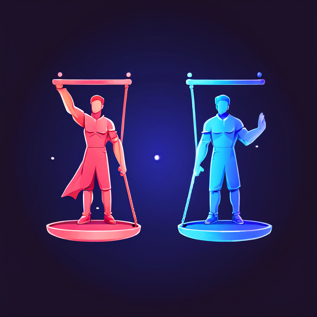 기울어진 정의의 저울 위에서 높은 핑과 랙 때문에 좌절하는 게이머와 원활한 환경에서 승리하는 게이머를 통해 게임의 불공정성을 보여주는 이미지.