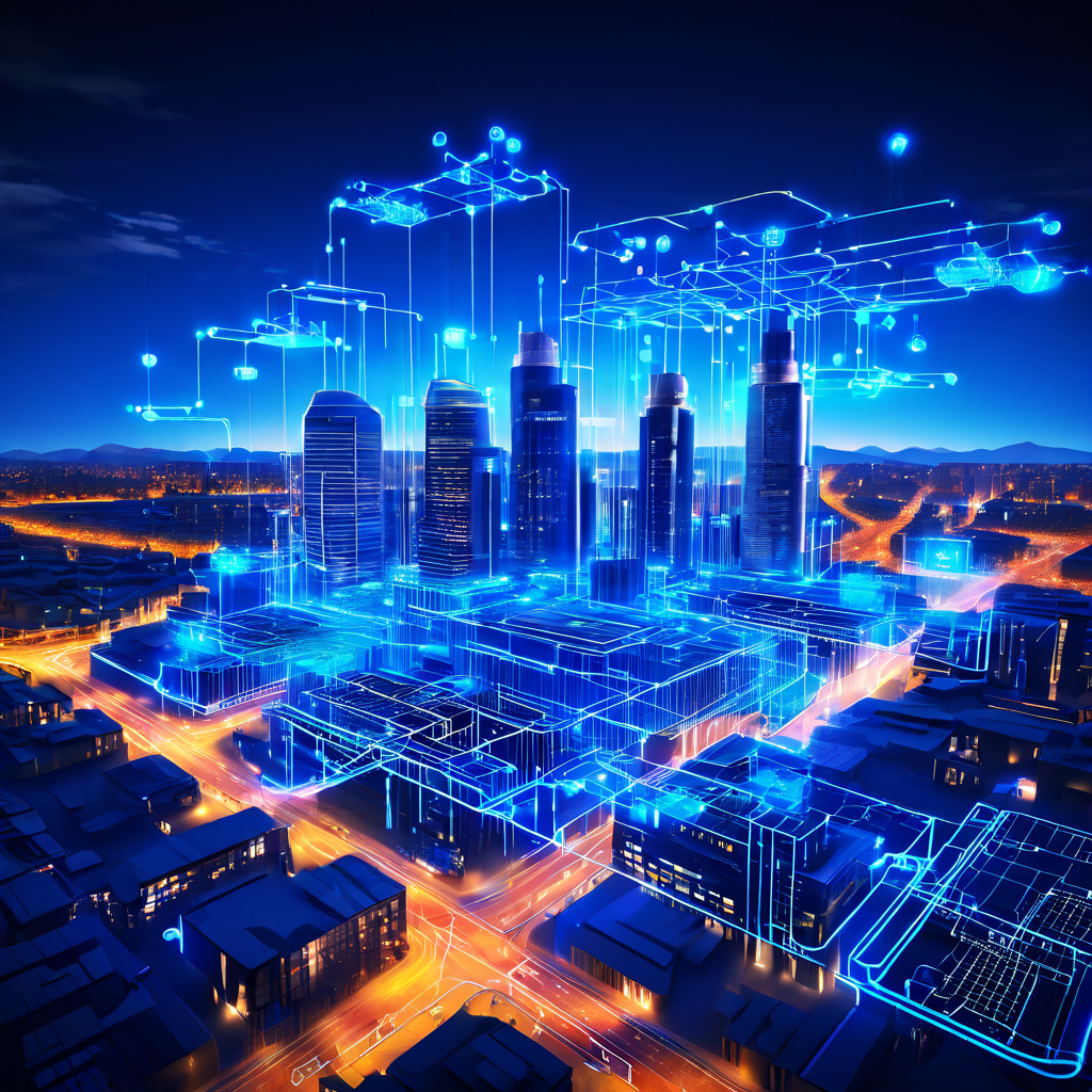 도시 전체를 잇는 데이터 네트워크와 첨단 건축물로 구성된 미래 스마트 시티의 인프라 전략 최종 청사진을 보여주는 이미지