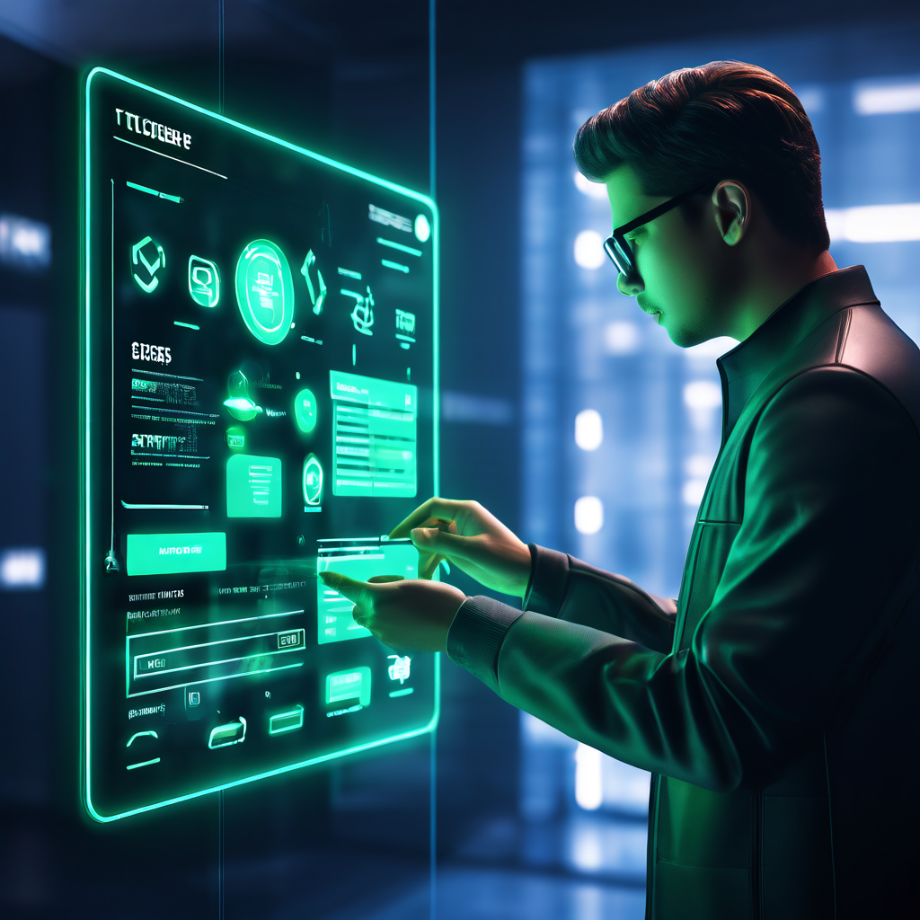 사용자가 미래형 디지털 인터페이스를 통해 복잡한 기술 시스템의 점검 항목을 확인하고 녹색 체크 표시로 규정 준수 여부를 검증하는 과정을 보여주는 이미지.