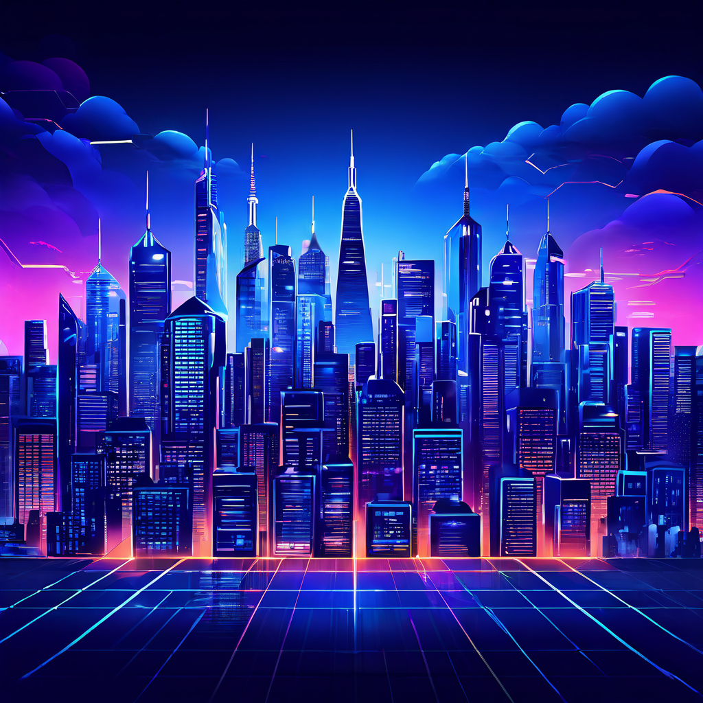 견고하게 빛나는 서버와 네트워크 등 디지털 인프라를 기반으로 현대적인 비즈니스 스카이라인이 성장하는 모습을 보여주는 이미지로, 안정적인 IT 기술이 기업 성공의 핵심 원동력임을 상징합니다.