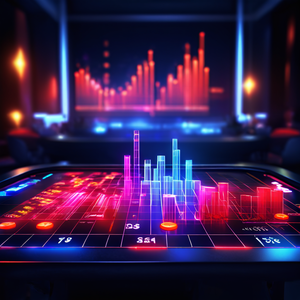 바카라 테이블의 타이 베팅 영역 위로 통계 데이터와 인포그래픽이 빛나며, 승률 분석을 통해 전략적으로 접근하는 모습을 보여주는 이미지.