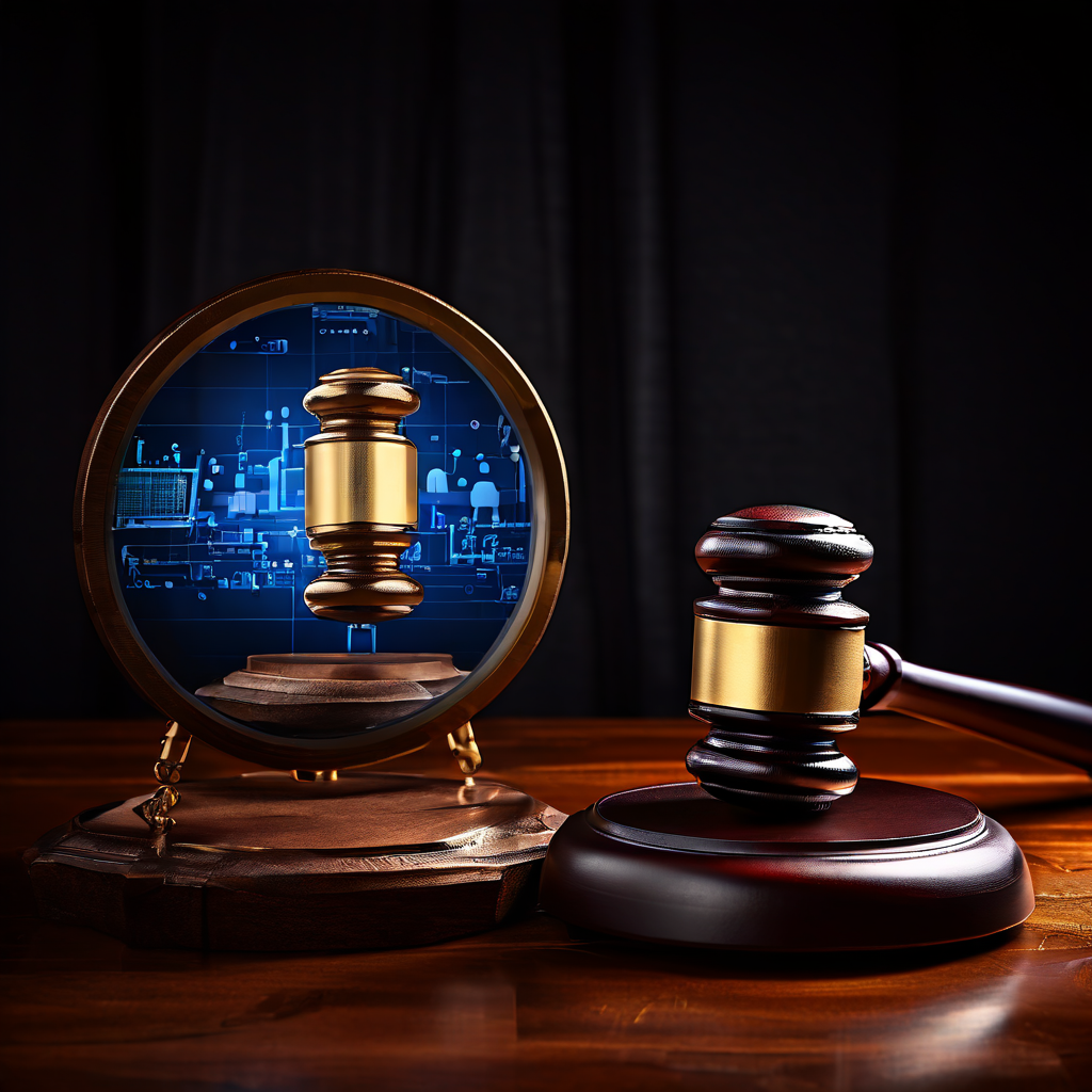 규제 기관의 관점에서 거대한 의사봉과 돋보기로 디지털 플랫폼의 기술적 책임과 법적 의무를 면밀히 심사하는 모습을 상징적으로 보여주는 그림.