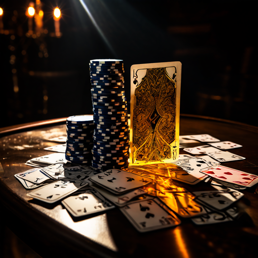 블랙잭 카드가 부서지며 그 안에 숨겨진 확률 공식과 통계적 약점이 황금빛과 함께 드러나는 모습을 통해 게임의 필승 전략을 암시하는 이미지.