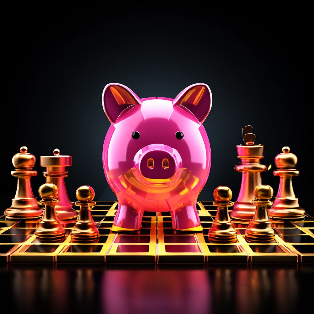 돼지 저금통으로 상징되는 단순한 비용 관리에서 빛나는 금융 체스판으로 표현되는 전략적 자산 관리로 진화하는 과정을 시각적으로 보여주는 이미지.