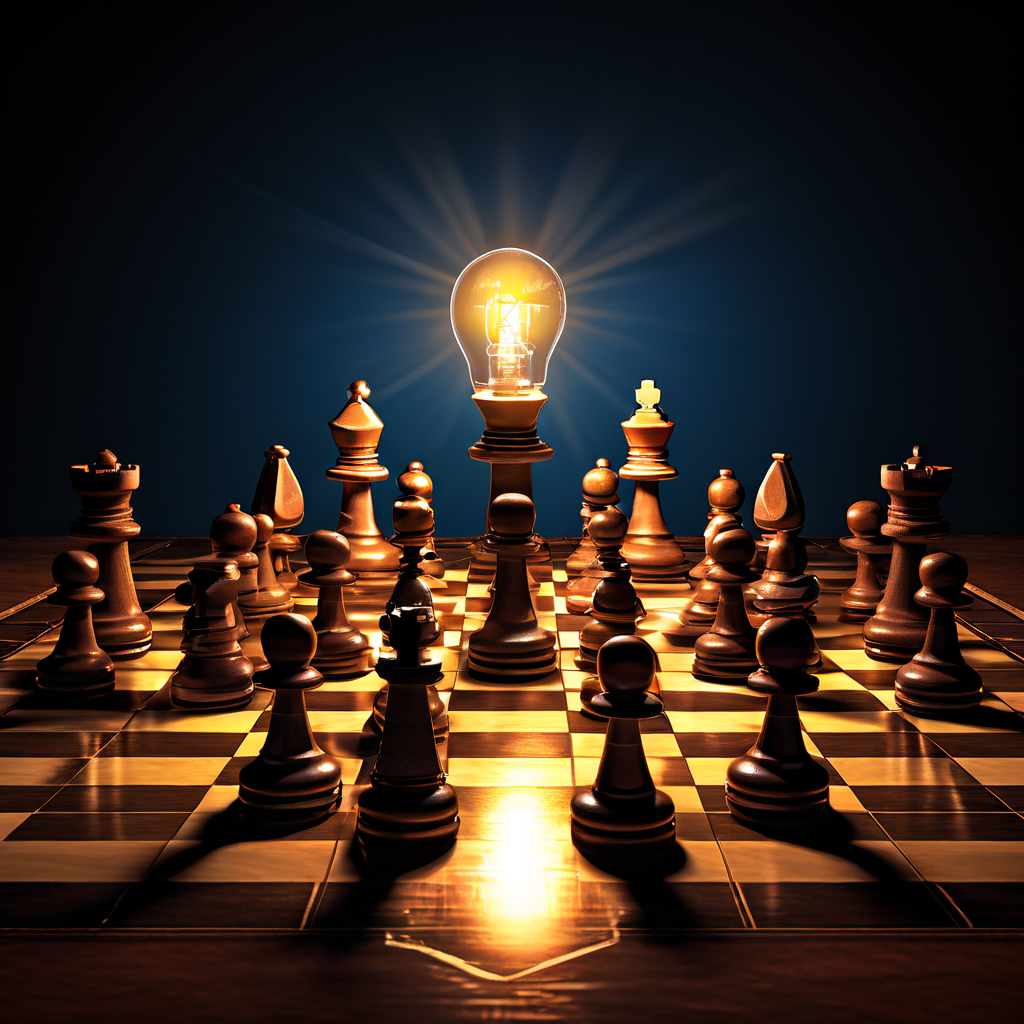 전략적 사고와 창의적 문제 해결을 상징하는 빛나는 전구가 체스보드 위에 떠 있으며, 지도처럼 보이는 판 위에 체스 말들의 전략적 그림자를 드리우고 있습니다.