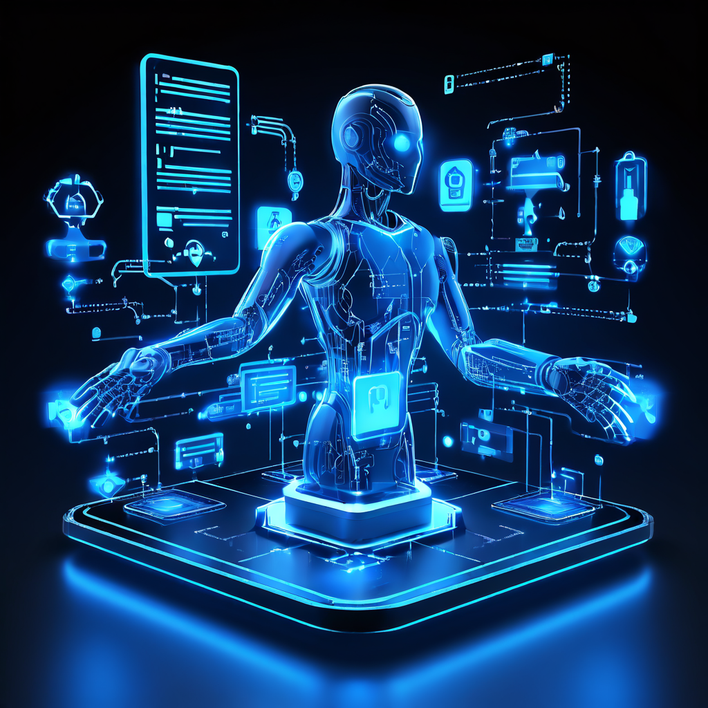 자동화된 신청 및 승인 프로세스를 상징하는 미래지향적이고 효율적인 플로우차트로, 로봇 손과 빛나는 디지털 체크 표시가 무인 시스템의 필요성을 강조합니다.