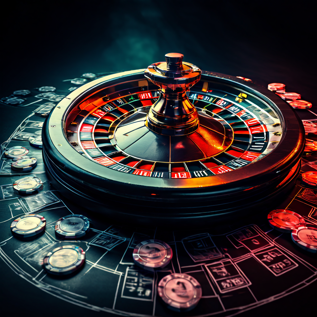 도박 전략의 허구성을 상징적으로 드러내는 이미지로, 유리처럼 산산조각난 룰렛 휠과 전략 순서도 위에 던져진 베팅 칩을 동시에 보여줍니다.