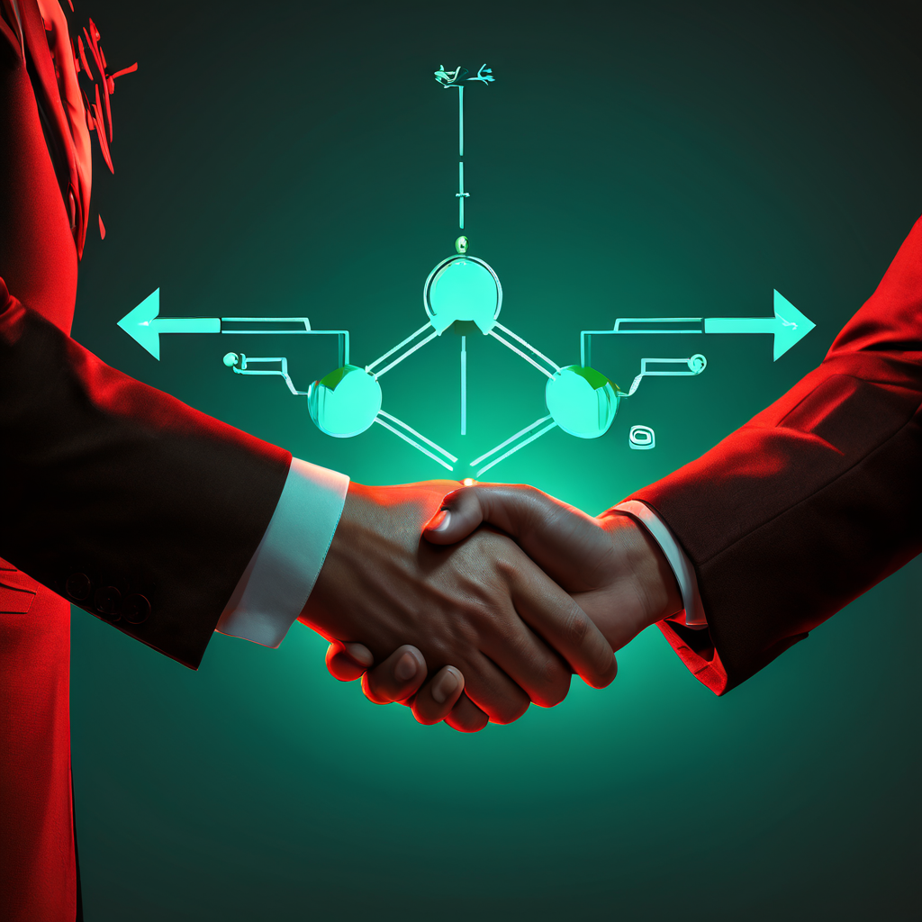 효율적인 협업을 상징하는 악수와 간소화된 업무 흐름도가 함께 배치되어 갈등 요소가 사라지고 효율성 지표가 강조되는 비즈니스 프로세스 개선 개념을 시각화한 이미지입니다.