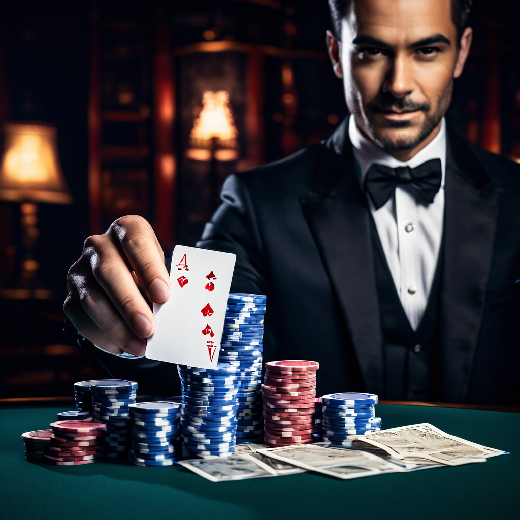 블랙잭 딜러의 10 카드와 함께 배경에는 수학적 확률 공식과 버스트 카드가 나타나 블랙잭 게임의 승률 계산과 전략적 요소를 시각적으로 설명합니다.