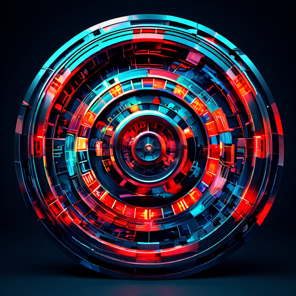 조작 가능성을 암시하는 왜곡되고 불가능한 구조의 디지털 룰렛 휠이 숫자가 글리치 효과로 일그러져 있으며, 데이터 조작과 시스템의 불완전성을 상징적으로 표현하고 있습니다.