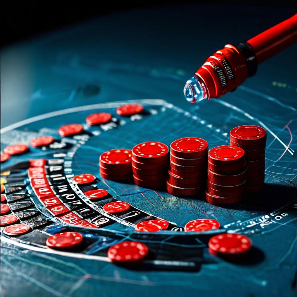 도박 중독의 위험성을 경고하는 그래프로, 점점 커지는 배팅 금액과 룰렛 휠 옆에 파산을 의미하는 낭떠러지로 떨어지는 급락하는 빨간색 추세선을 묘사하고 있습니다.